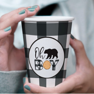Oh Boy Bear black Buffalo Plaid Baby Shower Paper Cups