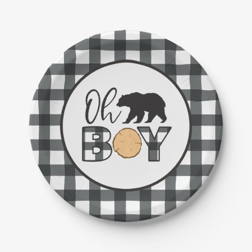 Oh Boy Bear black Buffalo Plaid Baby Shower Paper Plates