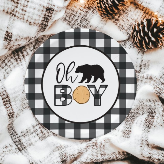 Oh Boy Bear black Buffalo Plaid Baby Shower Paper Plates (Creator Uploaded)