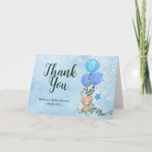 Oh Boy Bear Blue Balloon Eucalyptus custom photo Letterpress Thank You Card