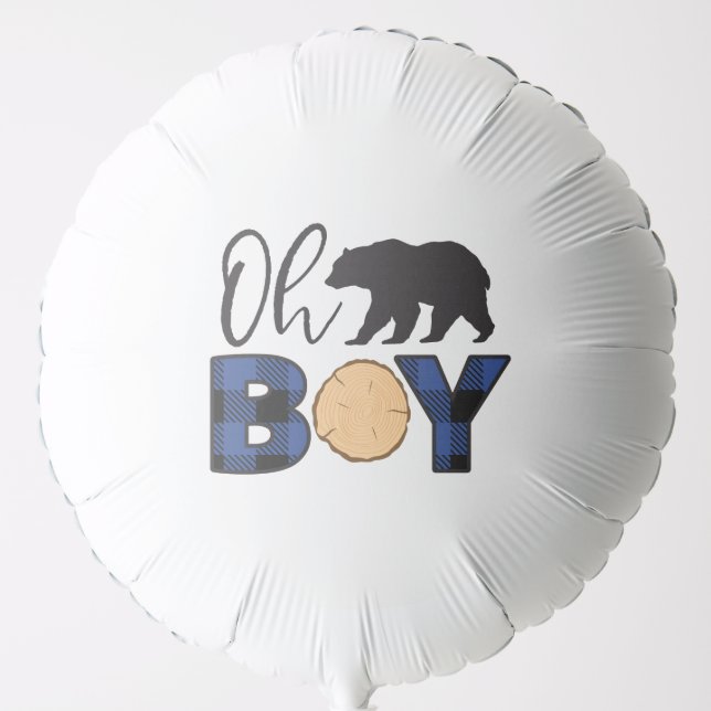 Oh Boy Bear blue Buffalo Plaid Baby Shower Balloon (Front)