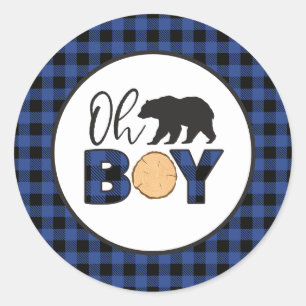 Oh Boy Bear blue Buffalo Plaid Baby Shower Classic Round Sticker