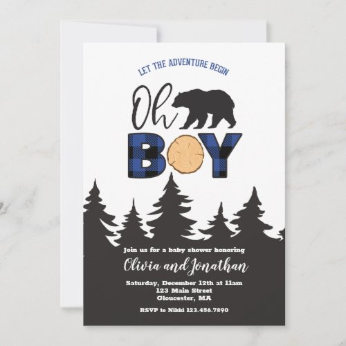 Oh Boy Bear blue Buffalo Plaid Baby Shower Invitation