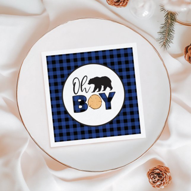 Oh Boy Bear blue Buffalo Plaid Baby Shower Napkins (Creator Uploaded)