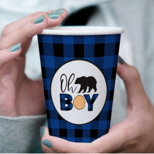 Oh Boy Bear blue Buffalo Plaid Baby Shower Paper Cups