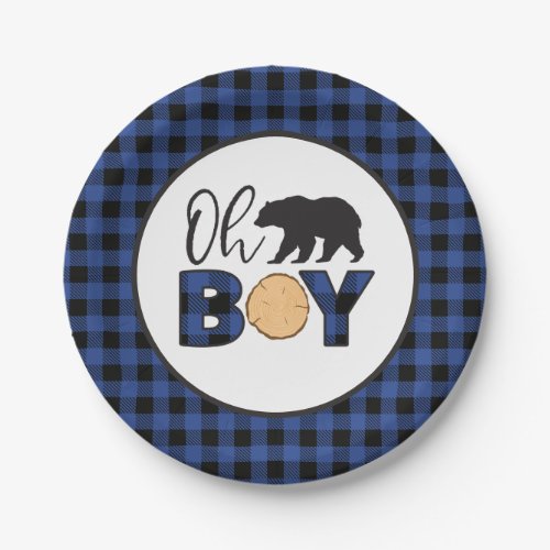 Oh Boy Bear blue Buffalo Plaid Baby Shower Paper Plates