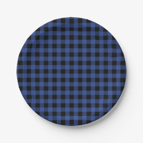 Oh Boy Bear blue Buffalo Plaid Baby Shower Paper Plates