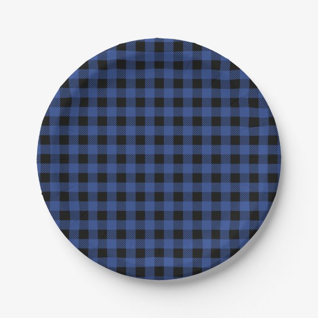 Oh Boy Bear blue Buffalo Plaid Baby Shower Paper Plates (Front)