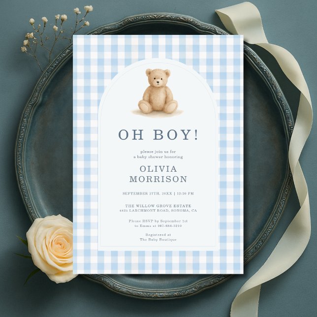 Oh Boy Bear Blue Gingham Baby Shower Invitation (Creator Uploaded)