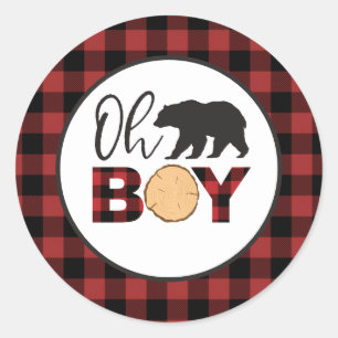 Oh Boy Bear Buffalo Plaid Baby Shower Classic Round Sticker
