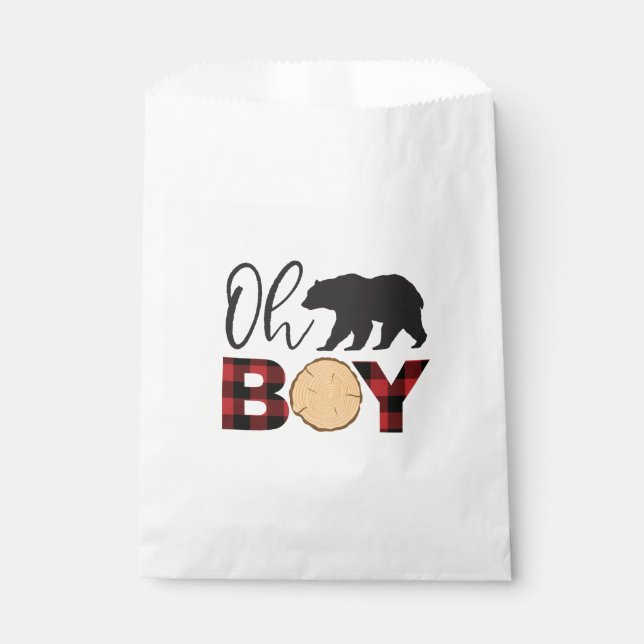 Oh Boy Bear Buffalo Plaid Baby Shower Favor Bag (Front)