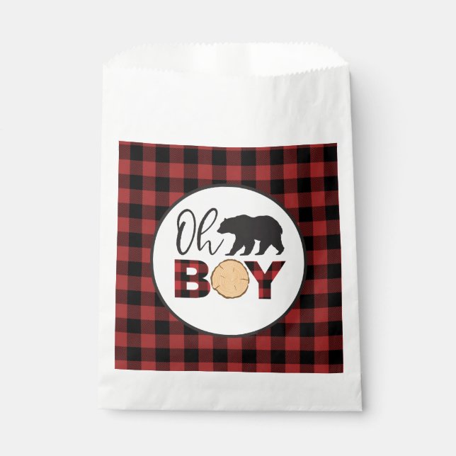 Oh Boy Bear Buffalo Plaid Baby Shower Favor Bag (Front)