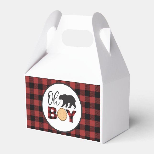 Oh Boy Bear Buffalo Plaid Baby Shower Favor Boxes (Front Side)