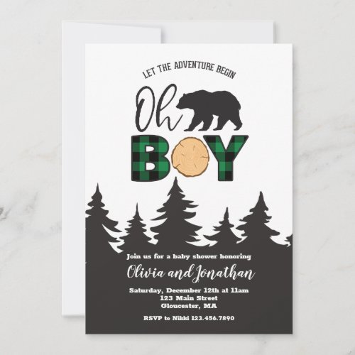 Oh Boy Bear Buffalo Plaid Baby Shower Invitation