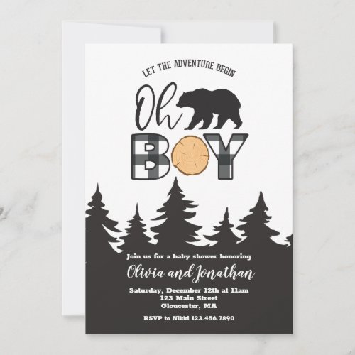 Oh Boy Bear Buffalo Plaid Baby Shower Invitation