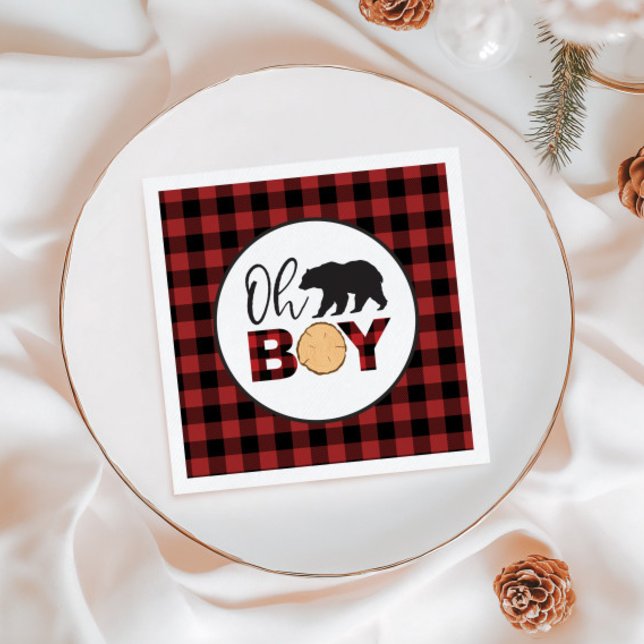 Oh Boy Bear Buffalo Plaid Baby Shower Napkins (Creator Uploaded)