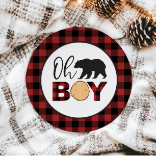 Oh Boy Bear Buffalo Plaid Baby Shower Paper Plates