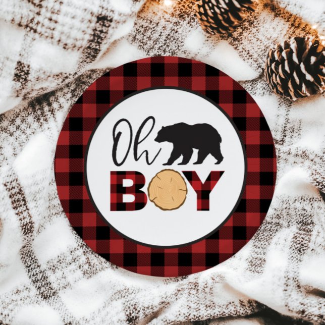 Oh Boy Bear Buffalo Plaid Baby Shower Paper Plates (Creator Uploaded)