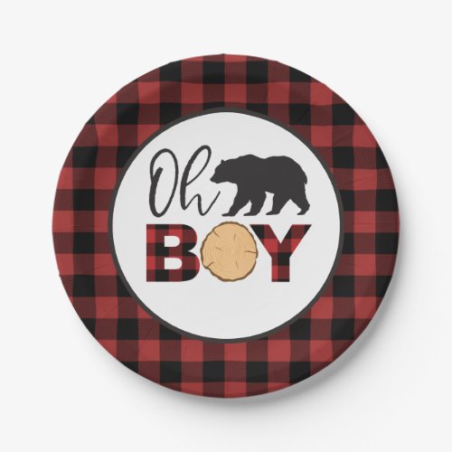 Oh Boy Bear Buffalo Plaid Baby Shower Paper Plates