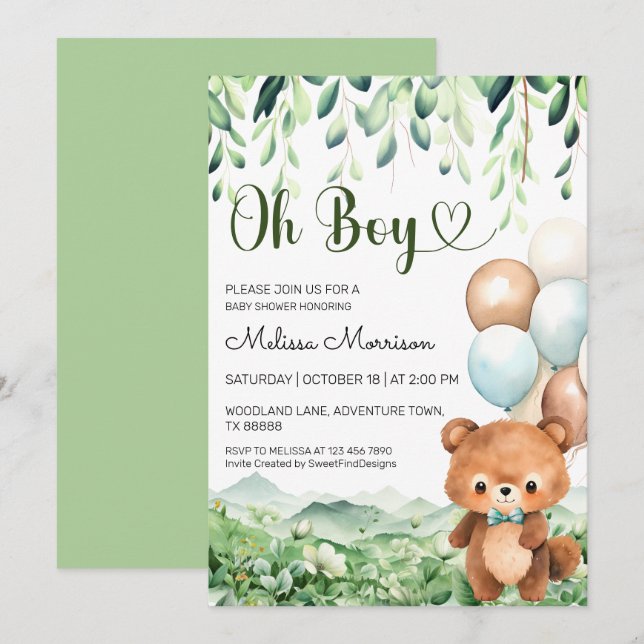 Oh Boy Bear Forest by SFD Baby Boy Shower Invitation (Front/Back)