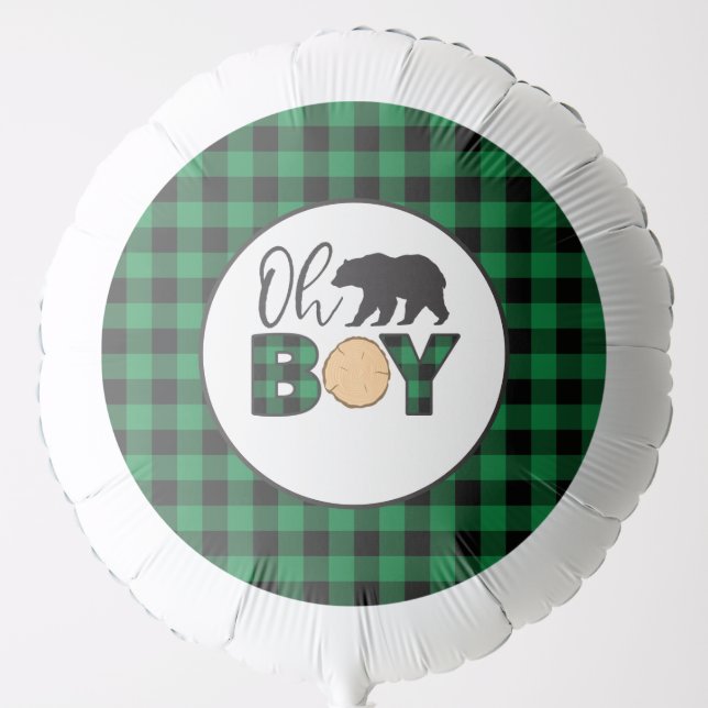Oh Boy Bear green Buffalo Plaid Baby Shower Balloon (Front)
