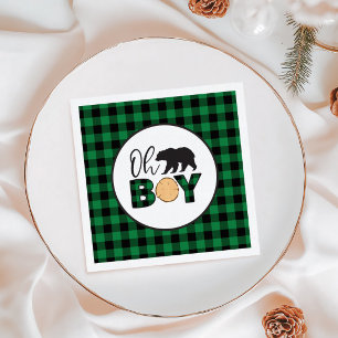 Oh Boy Bear green Buffalo Plaid Baby Shower Napkins