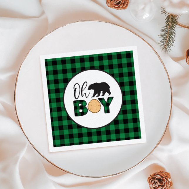 Oh Boy Bear green Buffalo Plaid Baby Shower Napkins (Creator Uploaded)