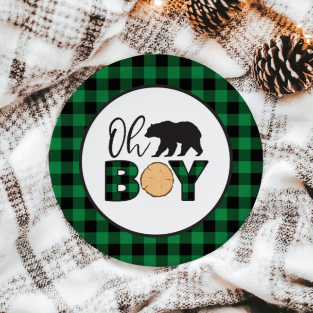 Oh Boy Bear green Buffalo Plaid Baby Shower Paper Plates (Creator Uploaded)
