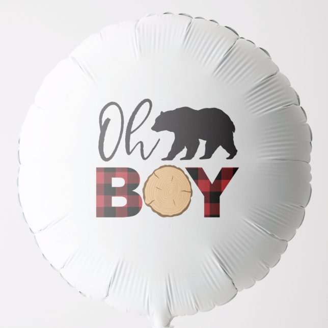 Oh Boy Bear red Buffalo Plaid Baby Shower Balloon (Front)