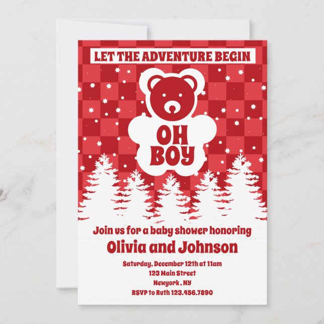 Oh Boy Bear Red Checkerboard Baby Shower Invitation (Front)