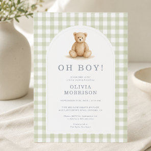 Oh Boy Bear Sage Green Gingham Baby Shower Invitation