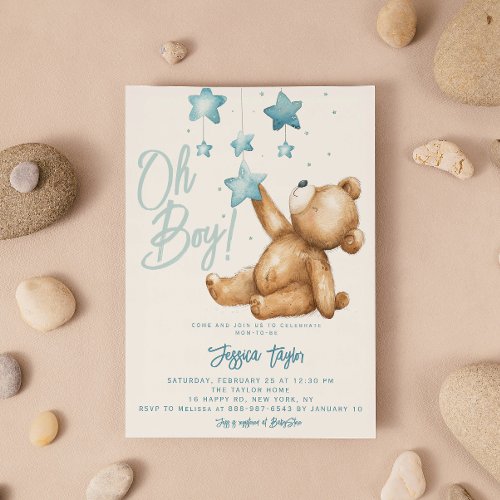Oh Boy Bear Star Mobile Watercolor Boy Baby Shower Invitation