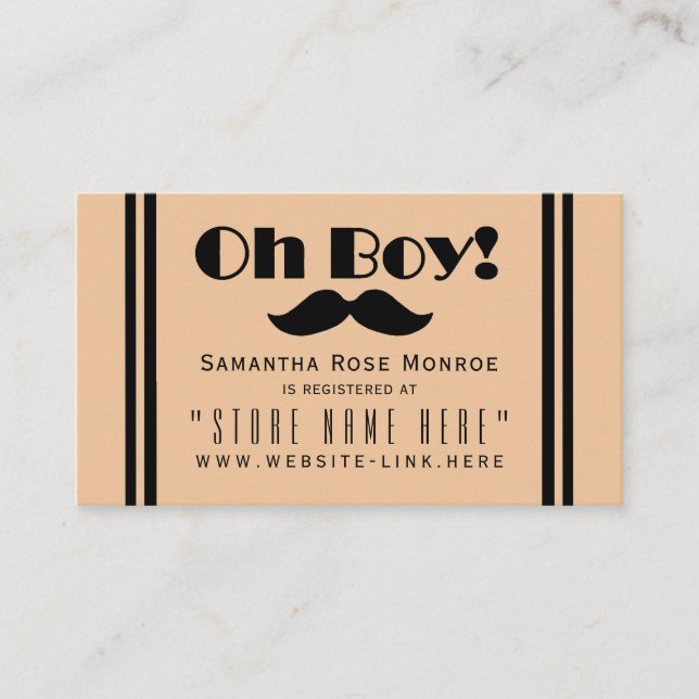 Oh Boy Black Mustache Baby Shower Gift Registry Enclosure Card (Front)