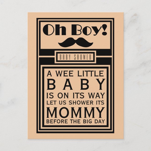 Oh Boy Black Mustache Baby Shower Invitation Postcard (Front)