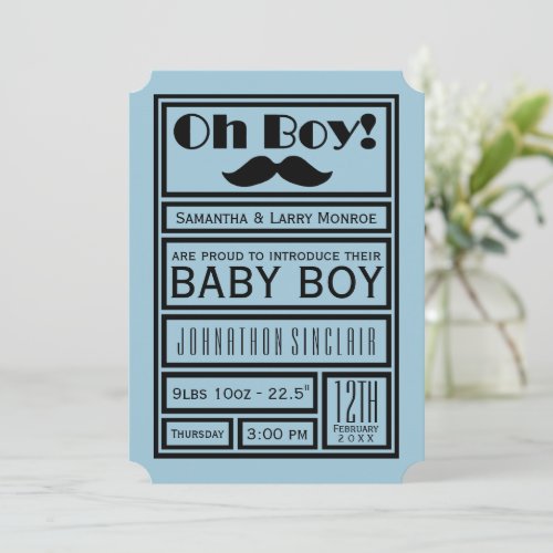 Oh Boy Black Mustache New Baby Boy Announcement