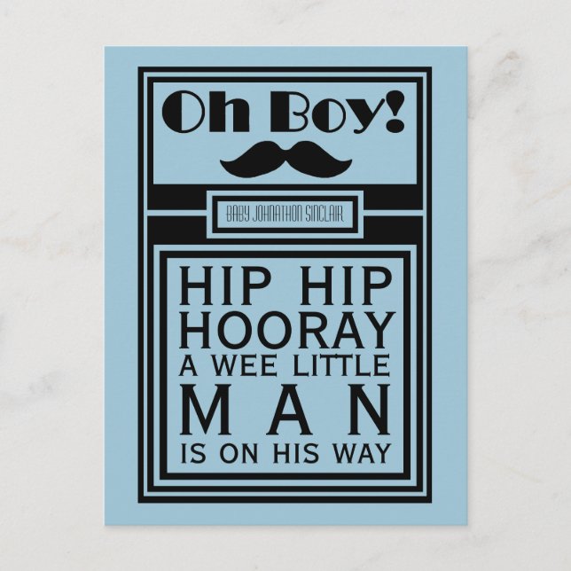 Oh Boy Black Mustache New Baby Boy Announcement (Front)