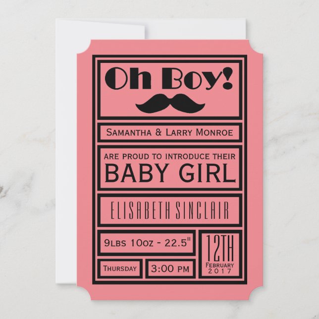 Oh Boy Black Mustache New Baby Girl Announcement (Front)
