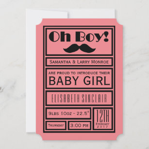 Oh Boy Black Mustache New Baby Girl Announcement