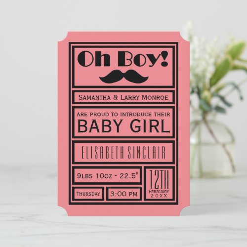 Oh Boy Black Mustache New Baby Girl Announcement
