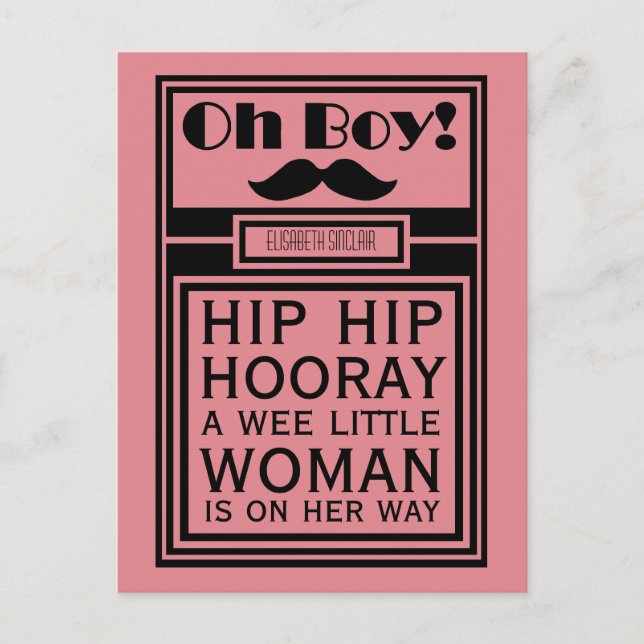 Oh Boy Black Mustache New Baby Girl Announcement Postcard (Front)