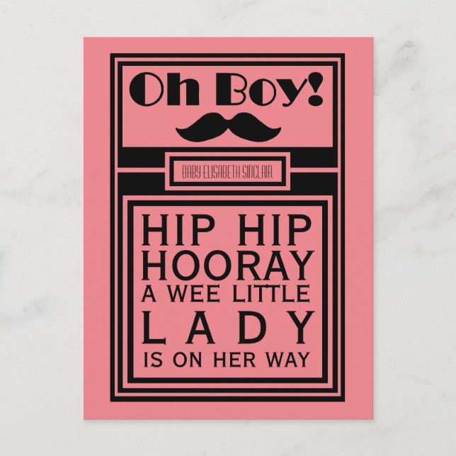 Oh Boy Black Mustache New Baby Girl Announcement Postcard (Front)