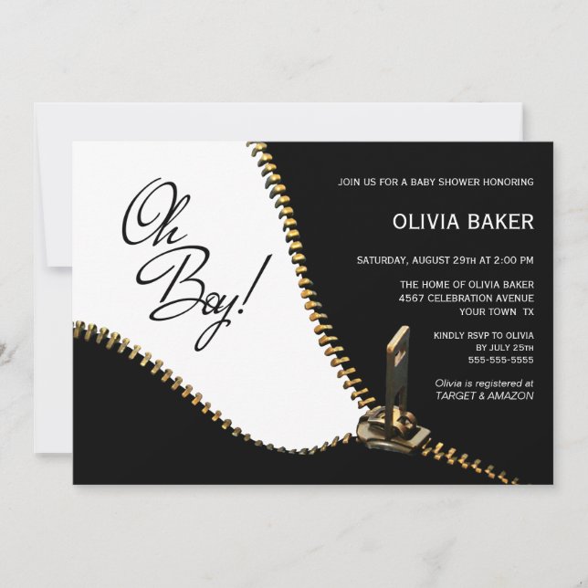 Oh Boy Black White with Gold Zipper Baby Shower Invitation (Front)