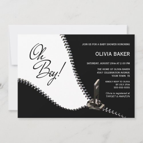 Oh Boy Black White with Silver Zipper Baby Shower Invitation