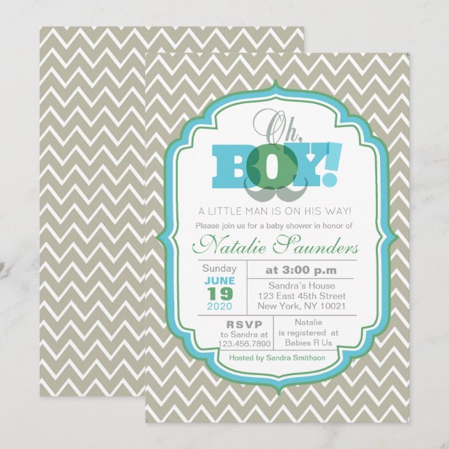 Oh Boy Blue and Green Mustache Baby Shower Invitation (Front/Back)