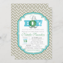 Oh Boy Blue and Green Mustache Baby Shower Invitation