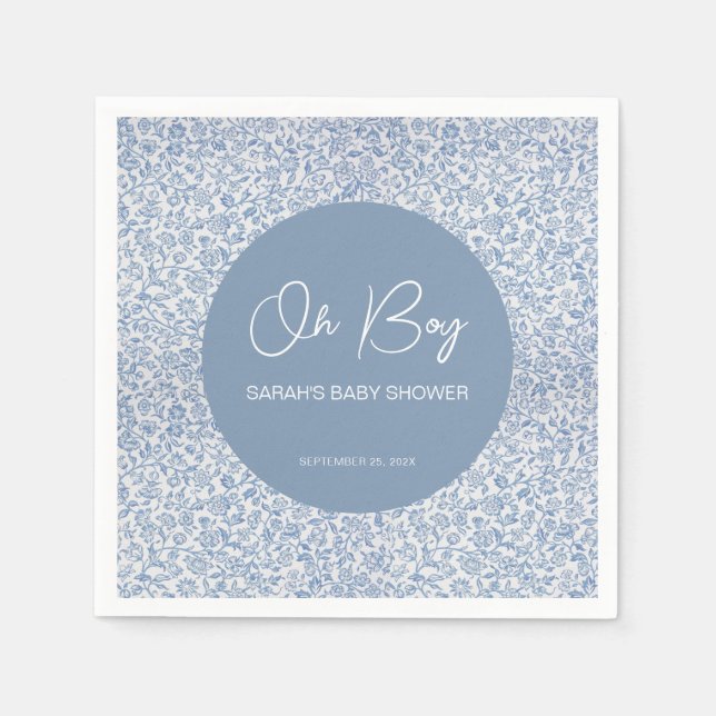 Oh Boy Blue and White Baby Shower Floral Pattern  Napkins (Front)