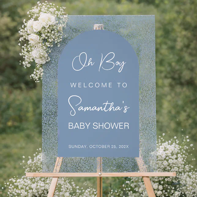 Oh Boy Blue Arch and Pattern Baby Shower Welcome Acrylic Sign | Zazzle