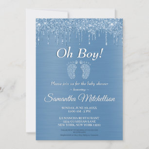 Oh Boy Blue Baby Shower Glitter Drip Baby Feet Invitation