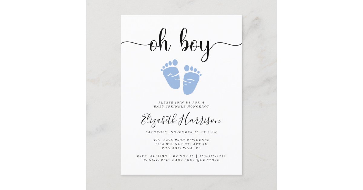 Oh boy blue baby sprinkle invitation postcard zazzle