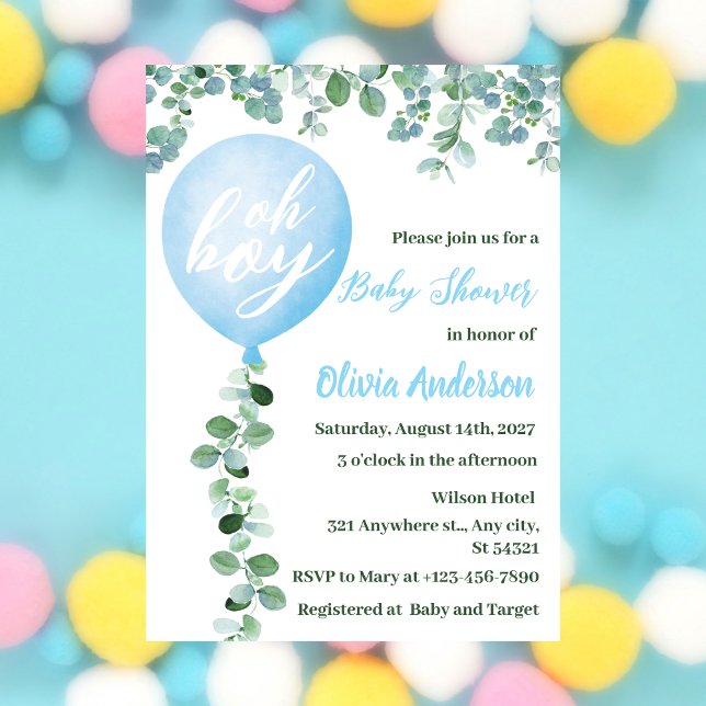 Oh Boy,Blue Balloon and Greenery Theme Baby Shower Invitation (Creator Uploaded)